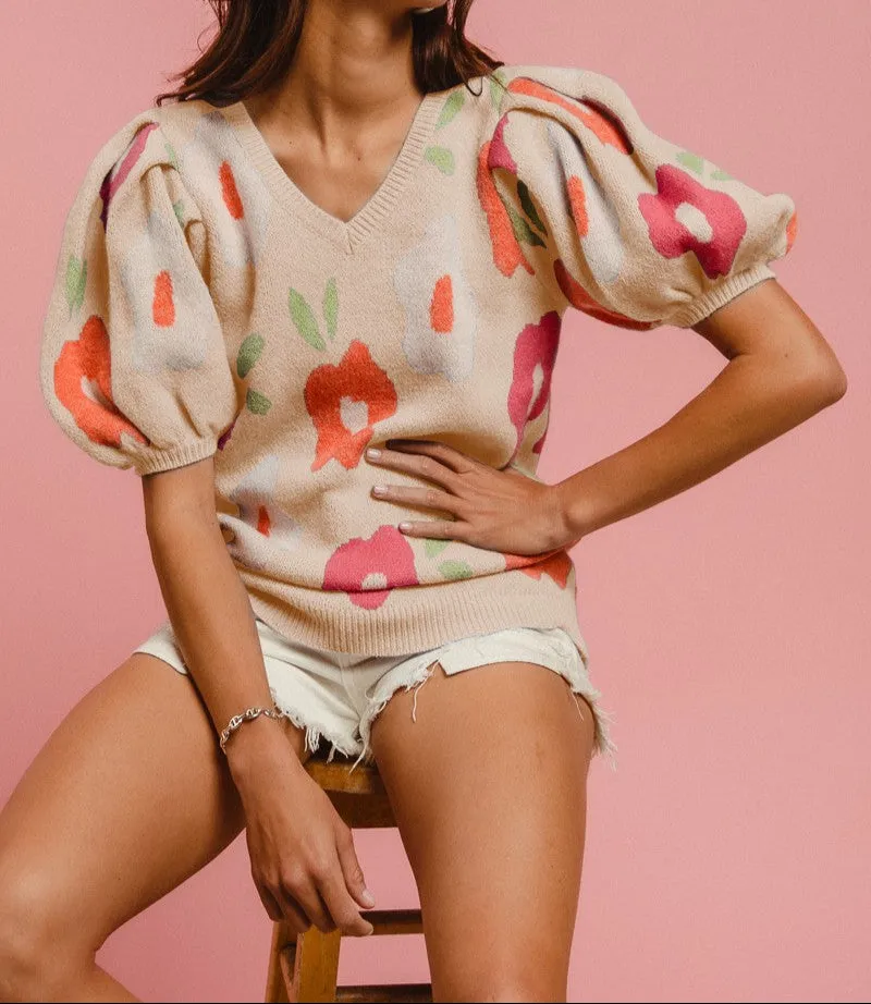 Women's Floral Pattern puff sleeve sweater (Oatmeal)