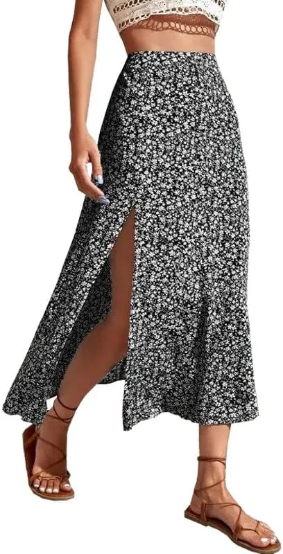 Women's Floral Skirt Summer Sexy Midi Skirt Side Split A Line Beach Long Skirts Flowy Casual M