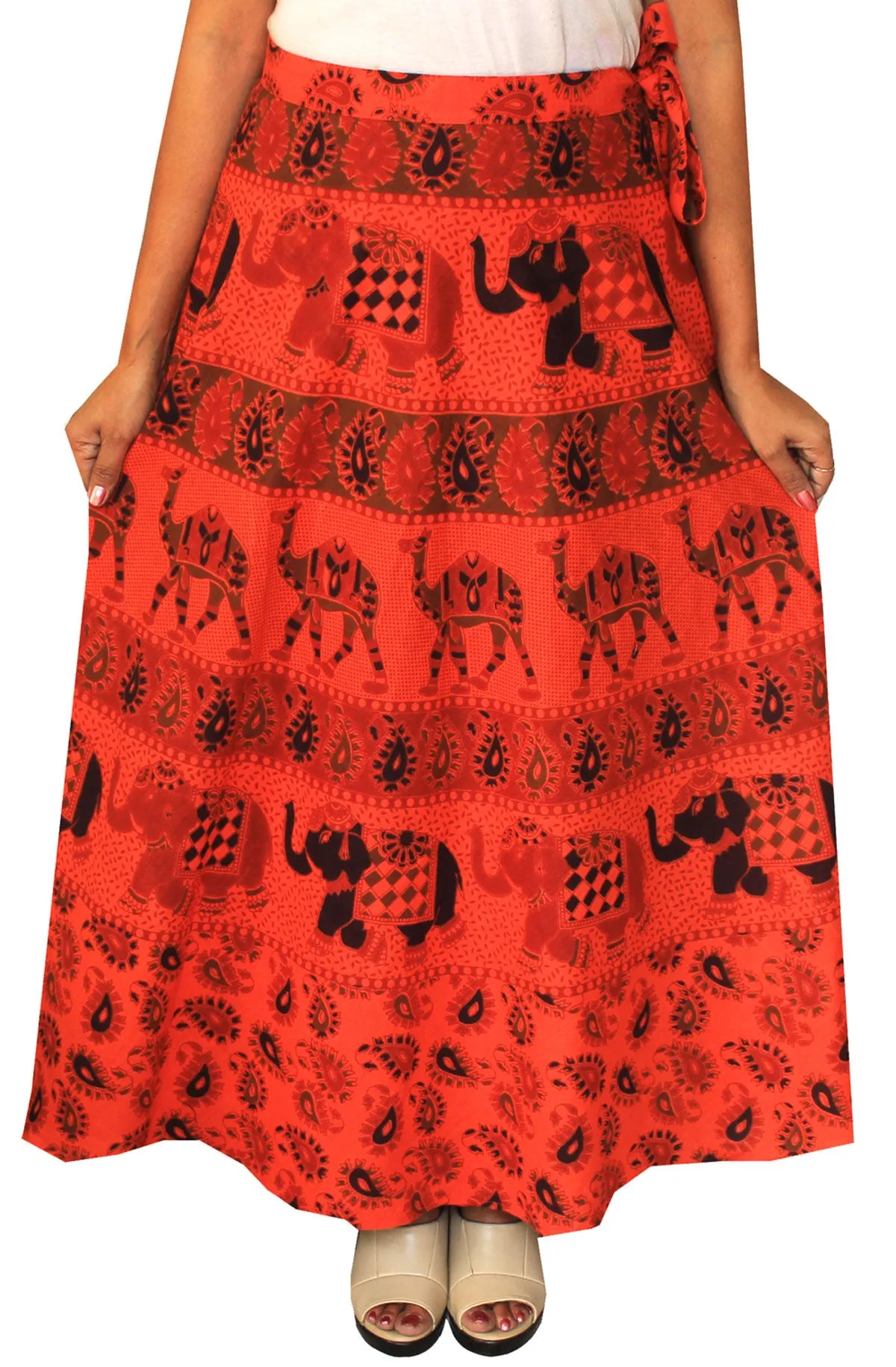 Womens Long Skirt Wrap Around Printed Cotton India Clothes (Red)
