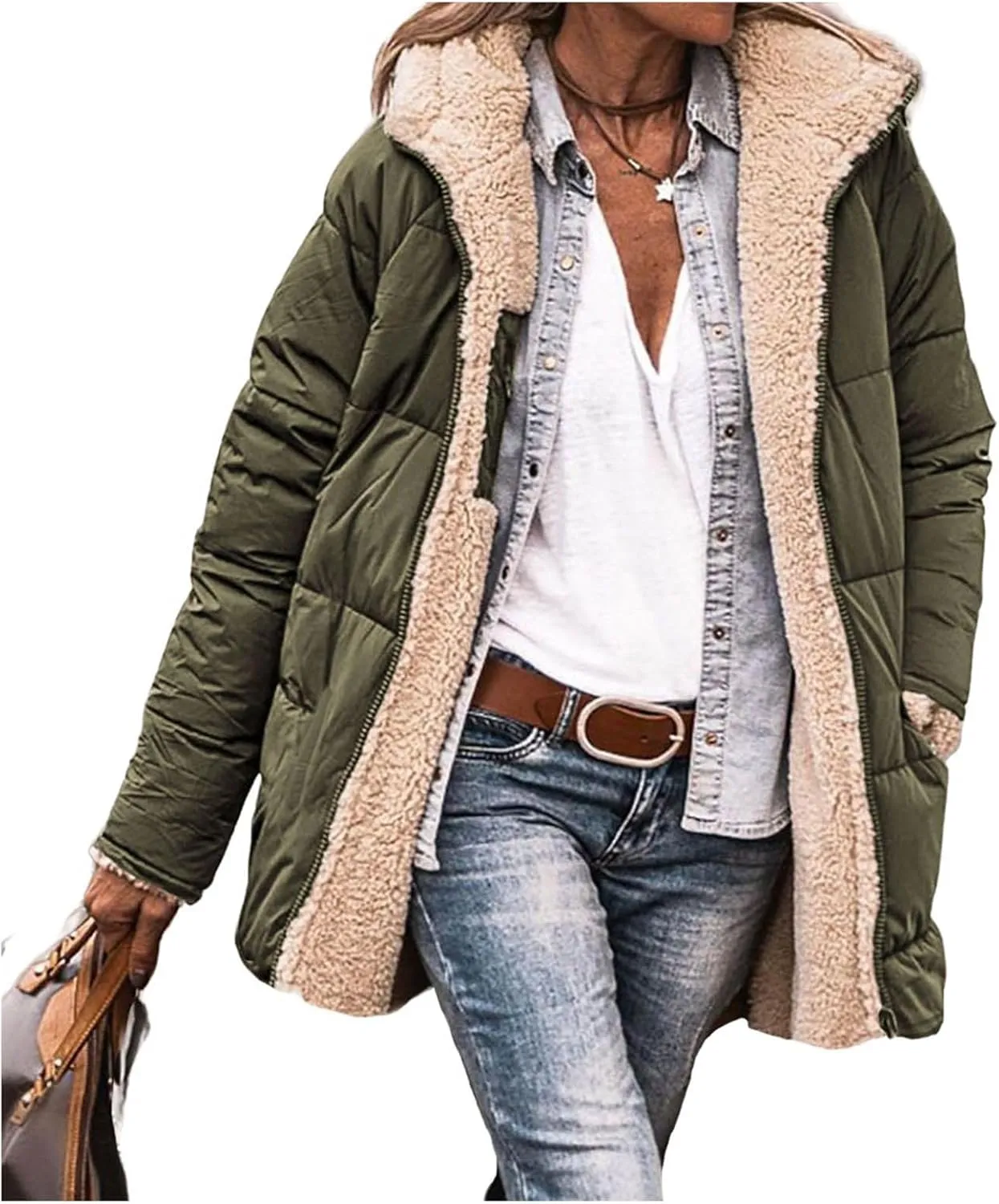 Womens Winter Coats Reversible Puffer Jacket Sherpa Fleece Zip Hoodie Warm Down Coat Oversized Trendy Outerwear Pocket