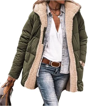 Womens Winter Coats Reversible Puffer Jacket Sherpa Fleece Zip Hoodie Warm Down Coat Oversized Trendy Outerwear Pocket