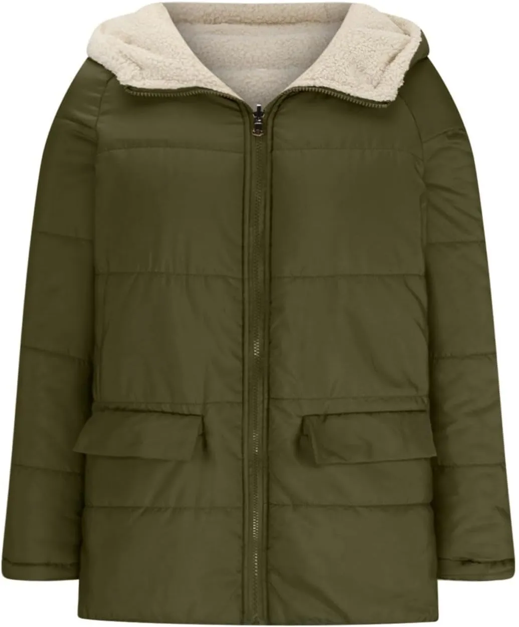 Womens Winter Coats Reversible Puffer Jacket Sherpa Fleece Zip Hoodie Warm Down Coat Oversized Trendy Outerwear Pocket