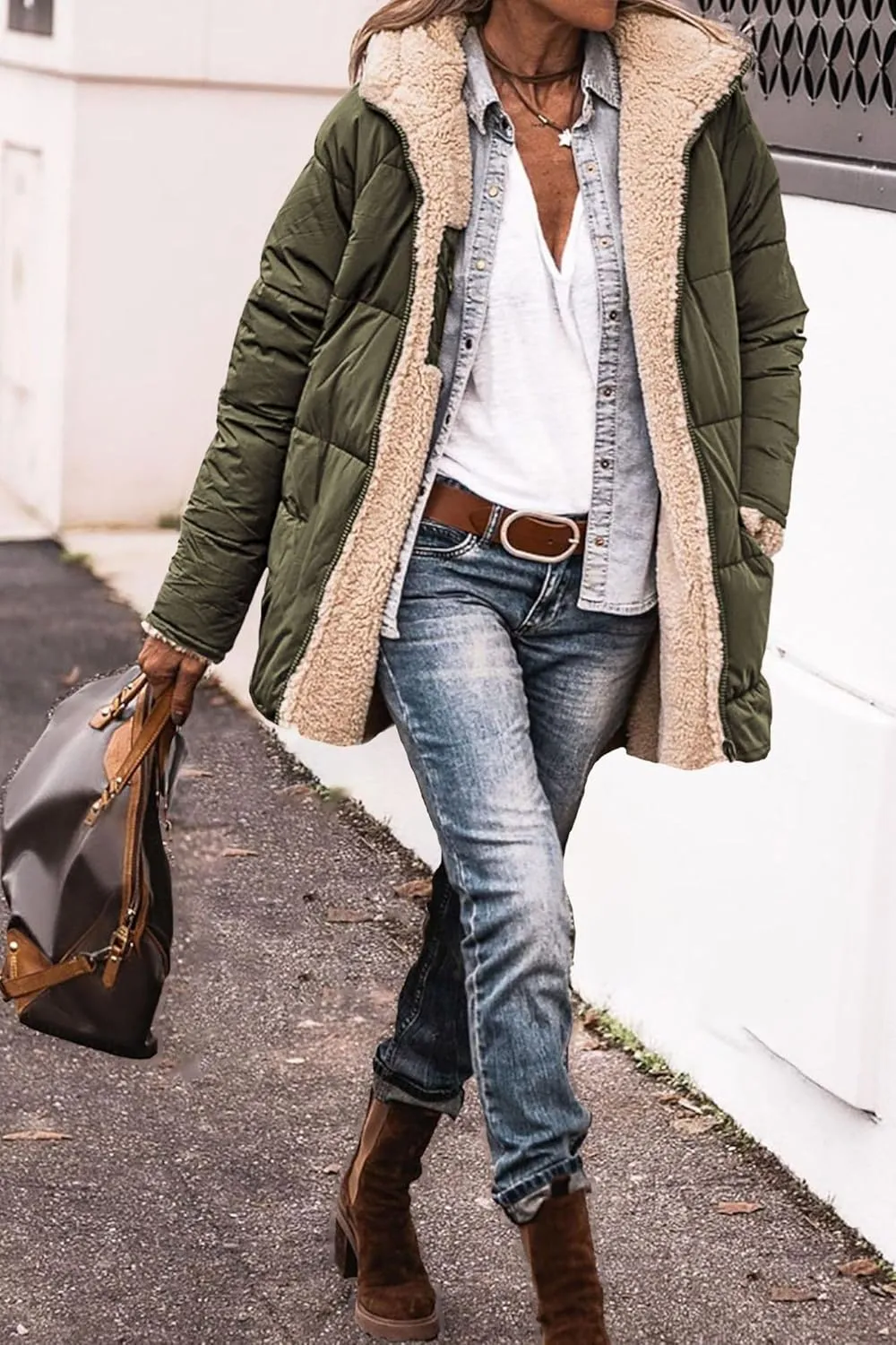 Womens Winter Coats Reversible Puffer Jacket Sherpa Fleece Zip Hoodie Warm Down Coat Oversized Trendy Outerwear Pocket