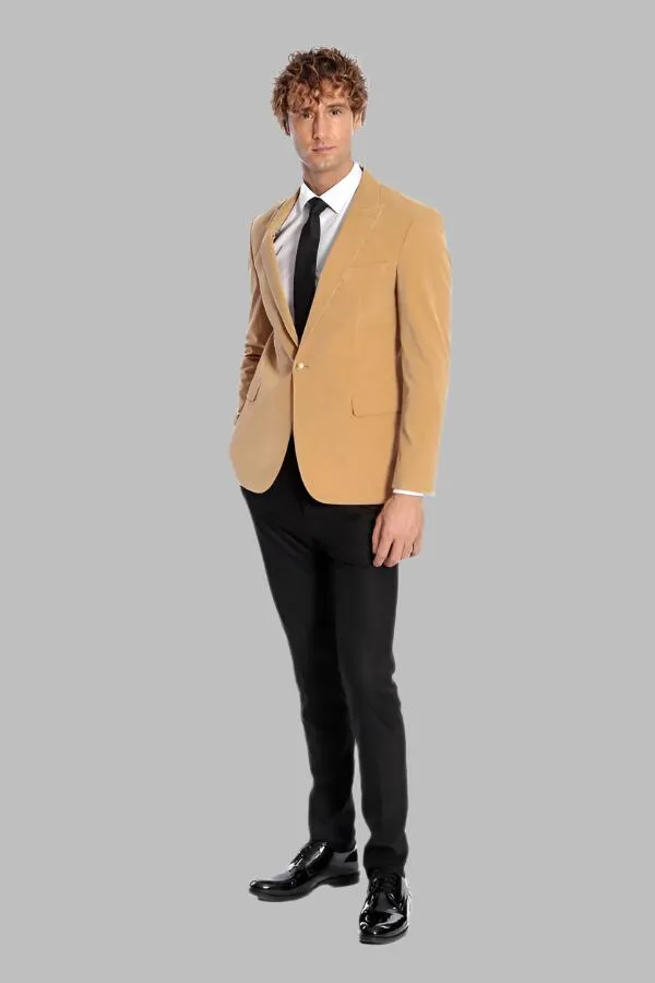 WSS Wide Lapel Velvet Apricot Men Blazer  - Singen