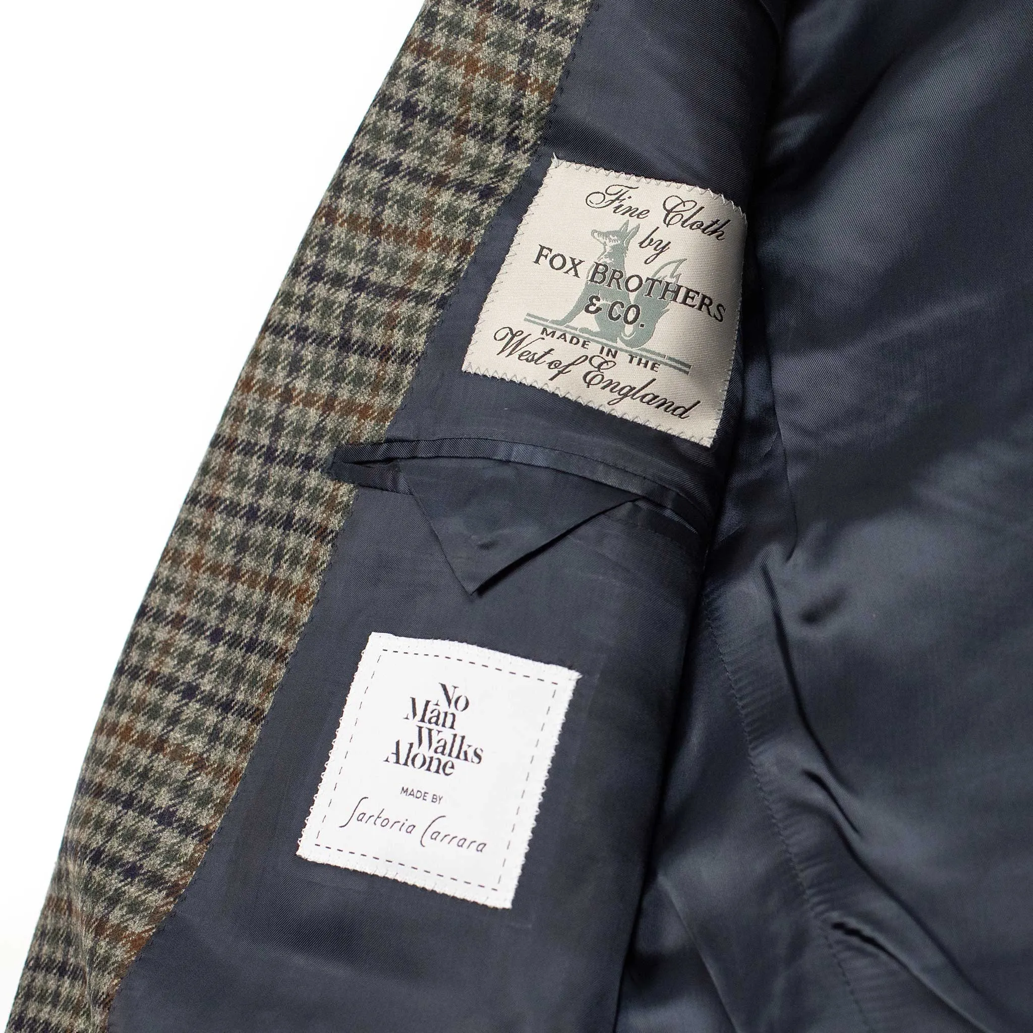 x Sartoria Carrara x Fox: Sport coat in Old Silver, Naval Blue & Copper gun club wool