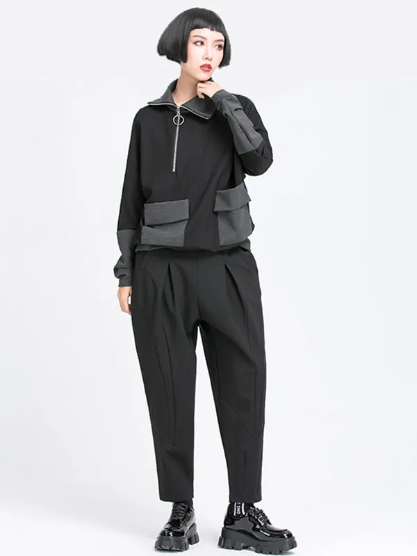 xakxx Simple Casual Split-Joint Pleats Black Harem Pants