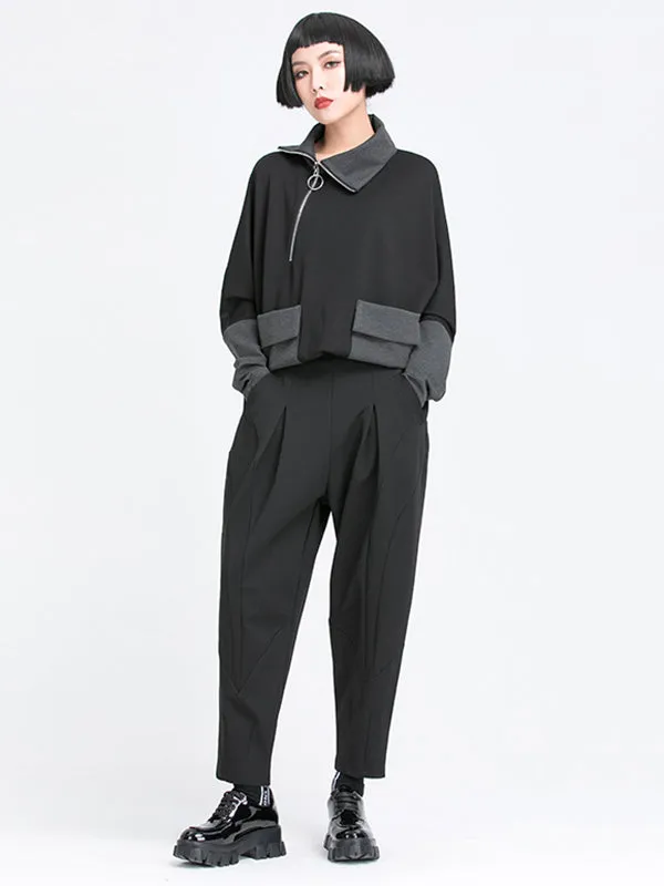 xakxx Simple Casual Split-Joint Pleats Black Harem Pants