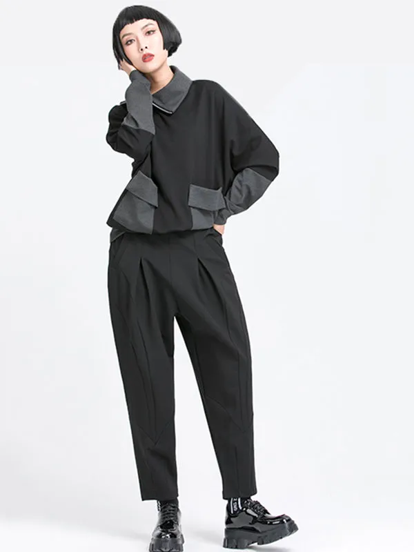 xakxx Simple Casual Split-Joint Pleats Black Harem Pants