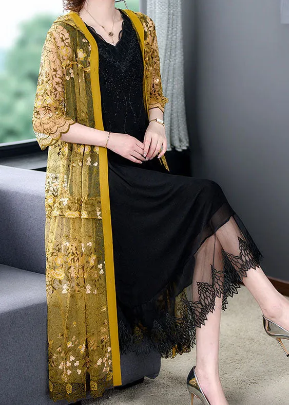 Yellow Patchwork Tulle Cardigans Hooded Embroideried Wrinkled Summer
